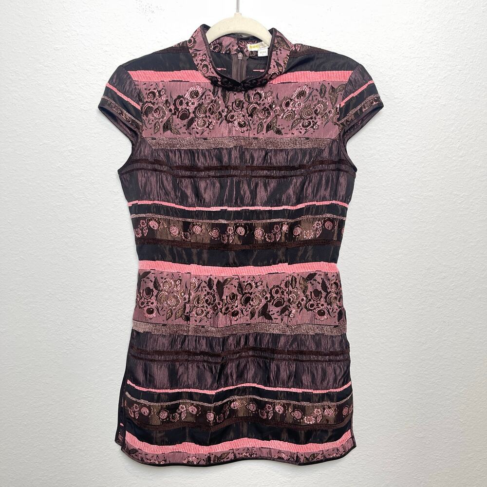 Qipao Cheongsam Style Tunic Blouse Pink Black Floral Jacquard Top Size Large